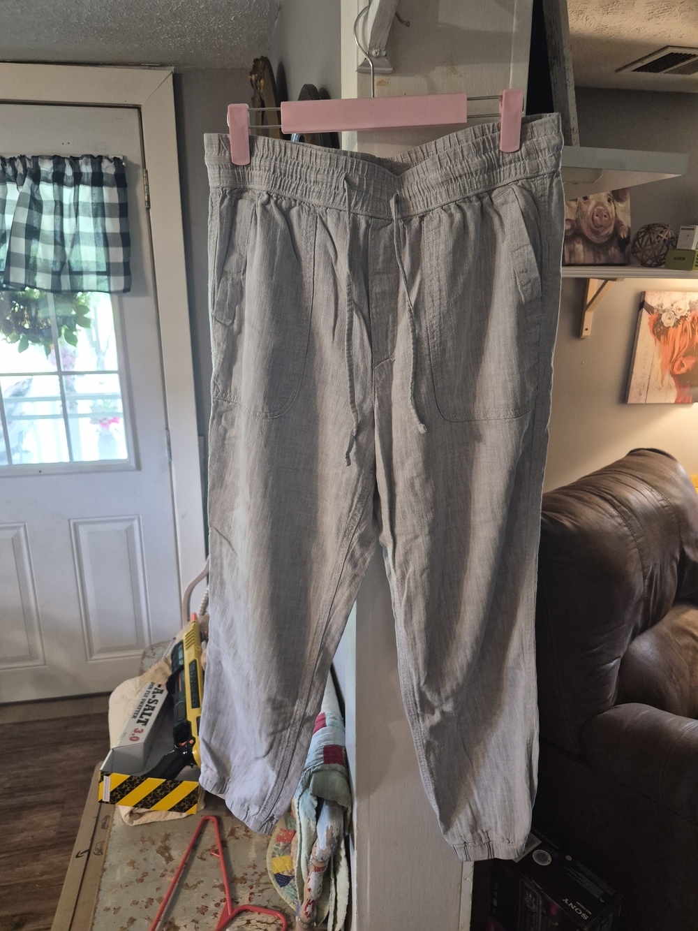Gap Light Gray Drawstring Casual Linen-Blend Pants